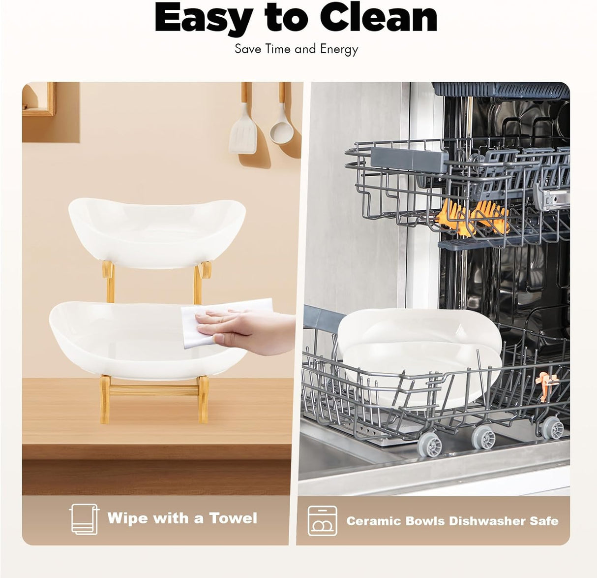 CARLA HOME 2-Tier Ceramic Fruit Bowl Basket with Bamboo Stand for Kitchen Counter, Snack Tray, Dessert Server & Vegetable Storage Rack-1992735285884096517