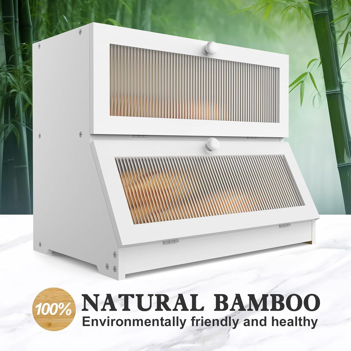 CARLA HOME Double Layer Bamboo Bread Box for Kitchen Counter - Large Capacity Bread Storage Container with Clear Window, Easy Assembly, Farmhouse Style Bread Holder (White)-1992735281492660228