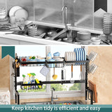 CARLA HOME Adjustable Over the Sink Dish Drying Rack with Utensil Holder, Hooks & Cutting Board Rack for Kitchen Counter Storage - Rear View