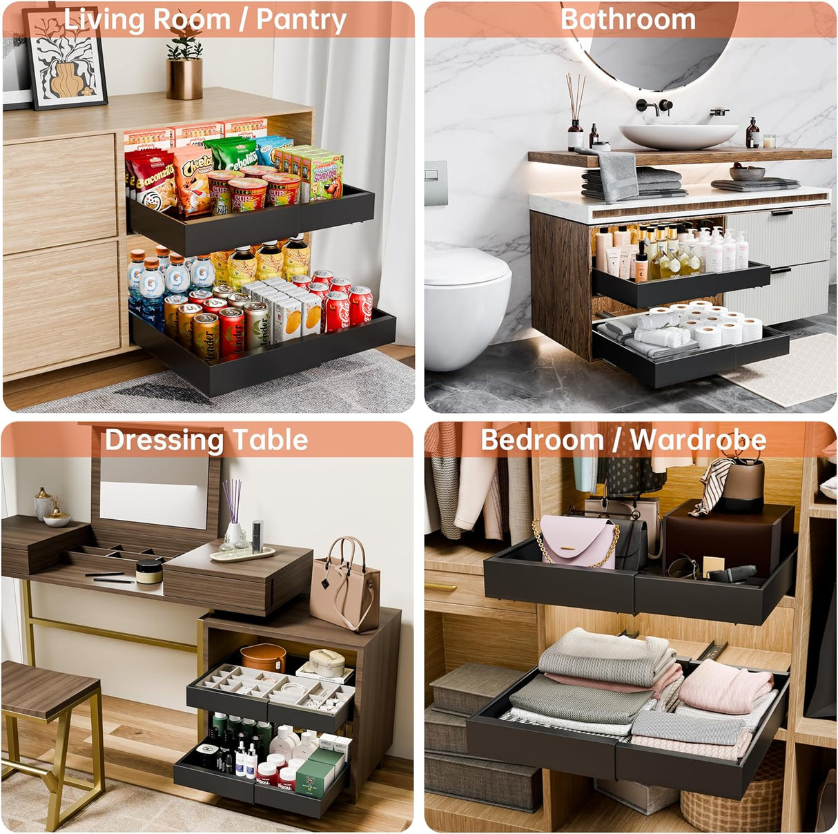 CARLA HOME 2 Pack Pull Out Cabinet Organizer Expandable for Cabinets with Adjustable Slide Out Shelves and Easy Installation (Black)-1992735300954230788
