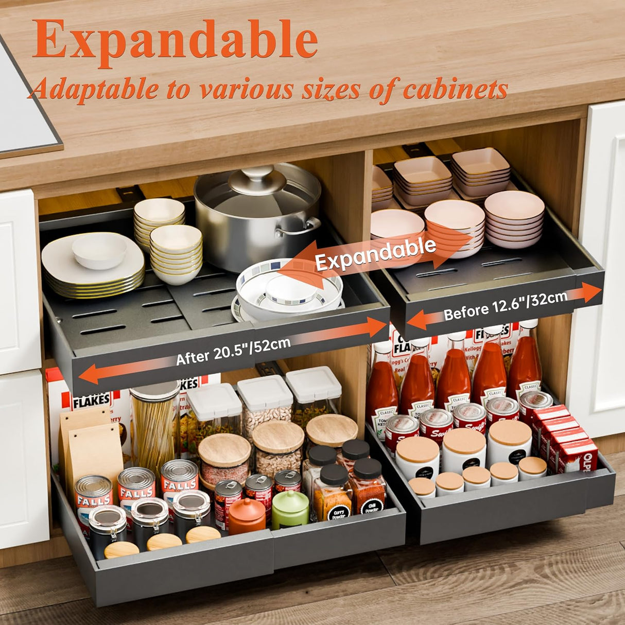 CARLA HOME 2 Pack Pull Out Cabinet Organizer Expandable for Cabinets with Adjustable Slide Out Shelves and Easy Installation (Grey)-1992735294251732994