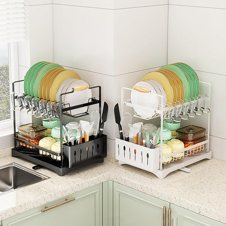 CARLA HOME 2-Tier Large Dish Drying Rack with Drainboard, Utensil Holder, Glass Hooks & Cutlery Storage (Black)-1992735292666286089