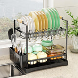 CARLA HOME 2-Tier Large Dish Drying Rack with Drainboard, Utensil Holder, Glass Hooks & Cutlery Storage (Black) - Extra Image