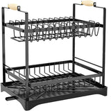 CARLA HOME 2-Tier Large Dish Drying Rack with Drainboard, Utensil Holder, Glass Hooks & Cutlery Storage (Black) - Low Angle