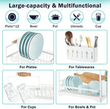 CARLA HOME 2-Tier Large Dish Drying Rack with Drainboard, Utensil Holder, Glass Hooks & Cutlery Storage (White)-1992735296420188165