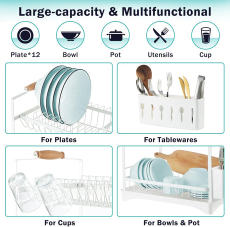 CARLA HOME 2-Tier Large Dish Drying Rack with Drainboard, Utensil Holder, Glass Hooks & Cutlery Storage (White)-1992735296420188165