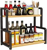 CARLA HOME 2-Tier Wooden Kitchen Countertop Spice Rack for Storage of Condiments, Oils, Jars & Seasoning Bottles - Low Angle