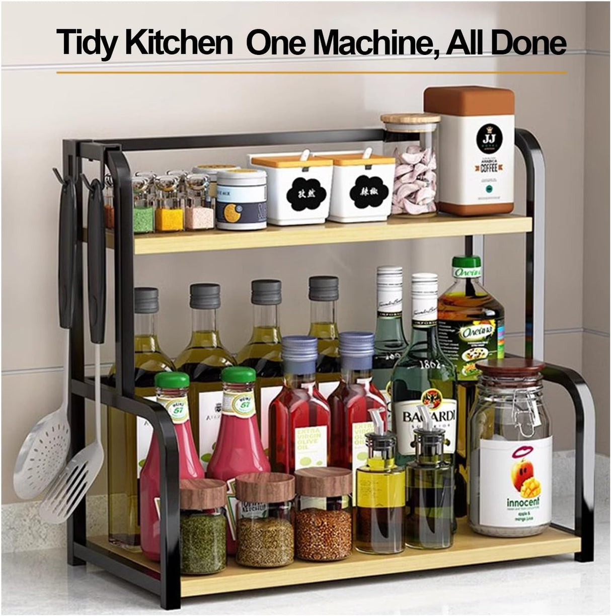 CARLA HOME 2-Tier Wooden Kitchen Countertop Spice Rack for Storage of Condiments, Oils, Jars & Seasoning Bottles-1992735296944476162
