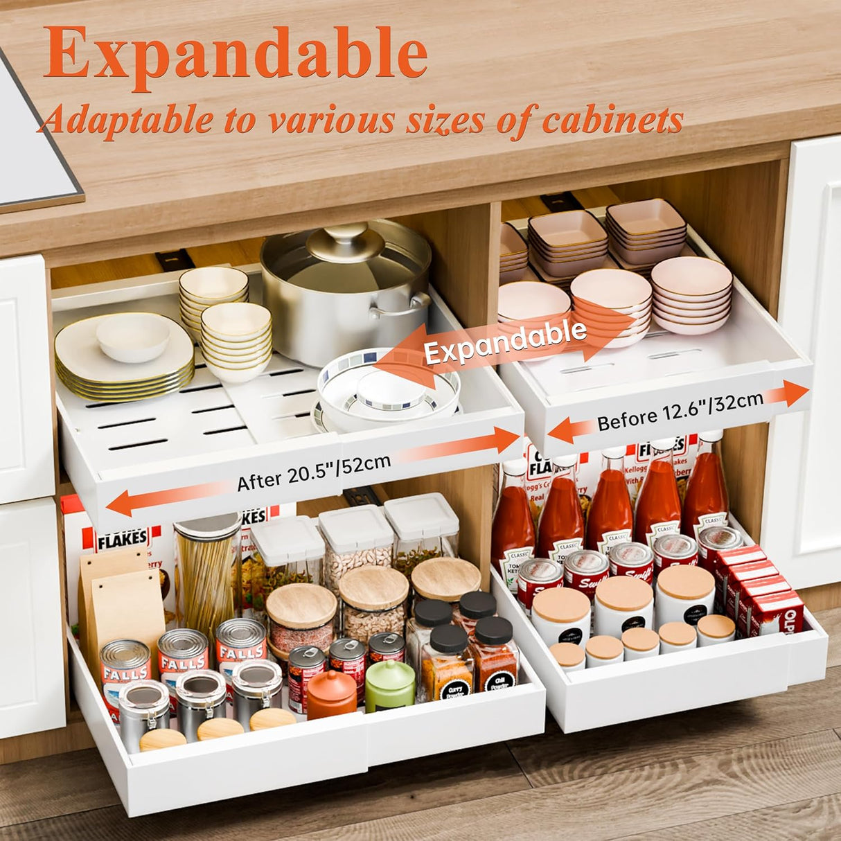 CARLA HOME 2 Pack Pull Out Cabinet Organizer Expandable for Cabinets with Adjustable Slide Out Shelves and Easy Installation (White)-1992735300601909250