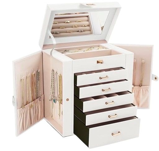 CARLA HOME 6-Layer Large Jewelry Box for Women with Drawers, Mirror, Lock, Necklace Hooks & Side Compartments for Rings, Earrings, Bracelets, Gifts (White)-1992735289843519488