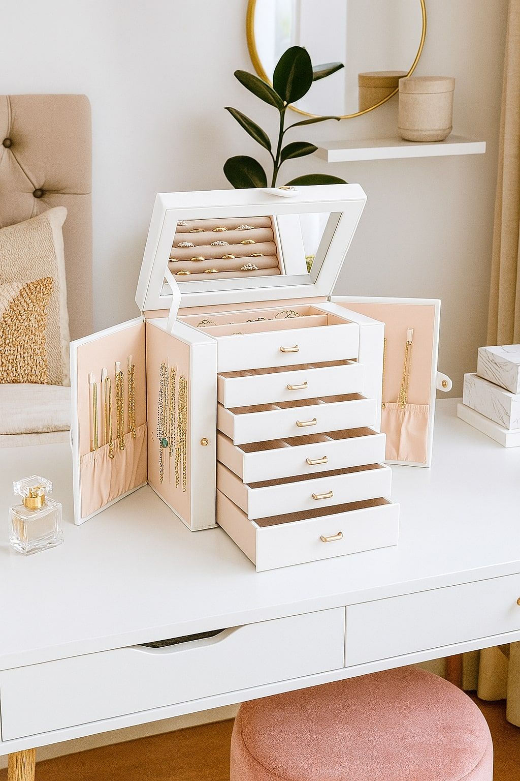 CARLA HOME 6-Layer Large Jewelry Box for Women with Drawers, Mirror, Lock, Necklace Hooks & Side Compartments for Rings, Earrings, Bracelets, Gifts (White)-1992735289843519489