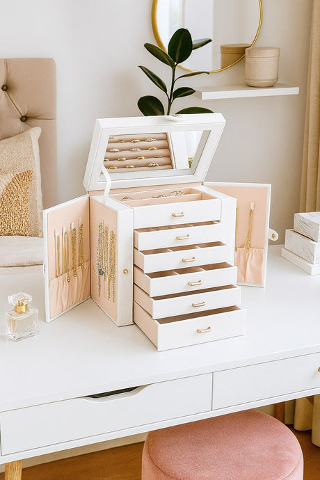CARLA HOME 6-Layer Large Jewelry Box for Women with Drawers, Mirror, Lock, Necklace Hooks & Side Compartments for Rings, Earrings, Bracelets, Gifts (White)-1992735289843519489