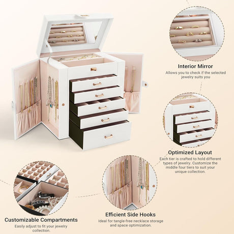 CARLA HOME 6-Layer Large Jewelry Box for Women with Drawers, Mirror, Lock, Necklace Hooks & Side Compartments for Rings, Earrings, Bracelets, Gifts (White)-1992735289843519493