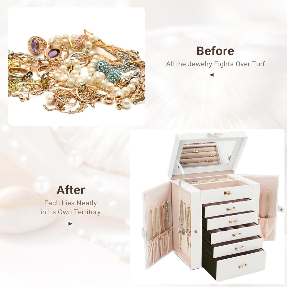 CARLA HOME 6-Layer Large Jewelry Box for Women with Drawers, Mirror, Lock, Necklace Hooks & Side Compartments for Rings, Earrings, Bracelets, Gifts (White)-1992735289843519494