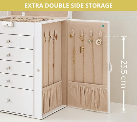 CARLA HOME 6-Layer Large Jewelry Box for Women with Drawers, Mirror, Lock, Necklace Hooks & Side Compartments for Rings, Earrings, Bracelets, Gifts (White)-1992735289843519495