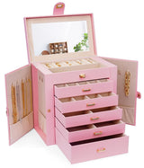 CARLA HOME 6-Layer Large Jewelry Box for Women with Drawers, Mirror, Lock, Necklace Hooks & Side Compartments for Rings, Earrings, Bracelets, Gifts (Pink)-1992735290736906240