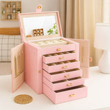 CARLA HOME 6-Layer Large Jewelry Box for Women with Drawers, Mirror, Lock, Necklace Hooks & Side Compartments for Rings, Earrings, Bracelets, Gifts (Pink)