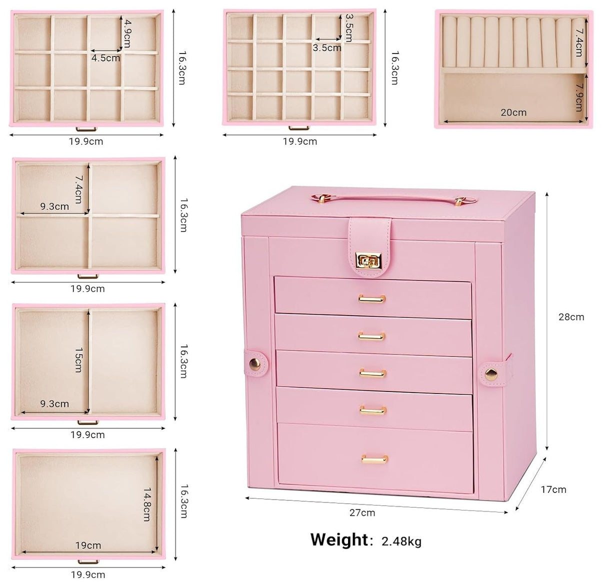 CARLA HOME 6-Layer Large Jewelry Box for Women with Drawers, Mirror, Lock, Necklace Hooks & Side Compartments for Rings, Earrings, Bracelets, Gifts (Pink)-1992735290736906242