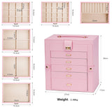 CARLA HOME 6-Layer Large Jewelry Box for Women with Drawers, Mirror, Lock, Necklace Hooks & Side Compartments for Rings, Earrings, Bracelets, Gifts (Pink) - Front View