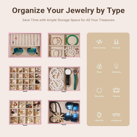 CARLA HOME 6-Layer Large Jewelry Box for Women with Drawers, Mirror, Lock, Necklace Hooks & Side Compartments for Rings, Earrings, Bracelets, Gifts (Pink)-1992735290736906243