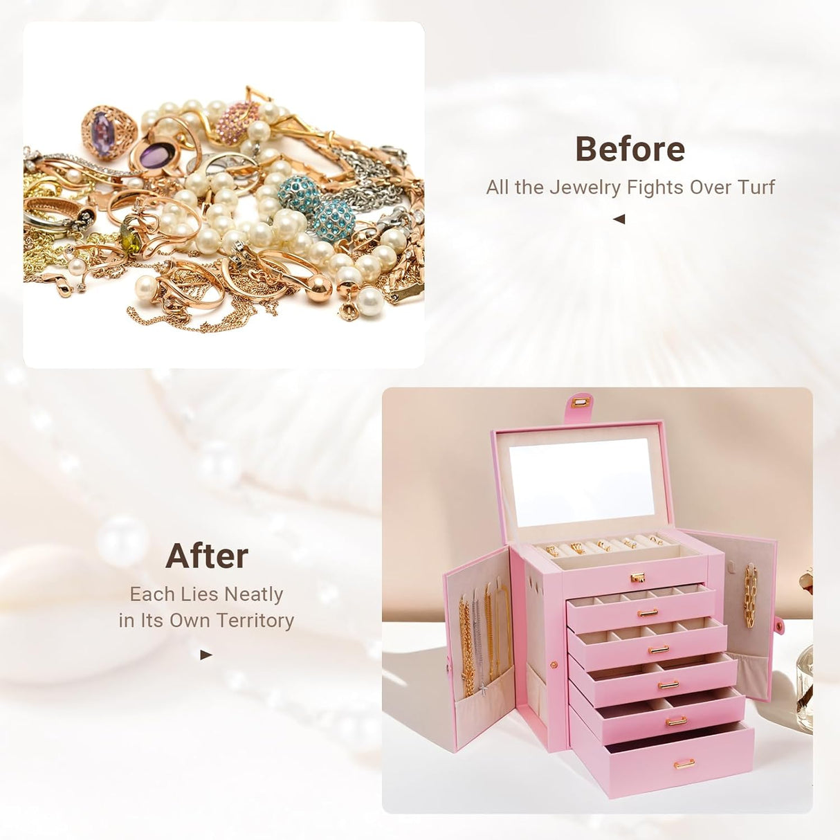 CARLA HOME 6-Layer Large Jewelry Box for Women with Drawers, Mirror, Lock, Necklace Hooks & Side Compartments for Rings, Earrings, Bracelets, Gifts (Pink)-1992735290736906245