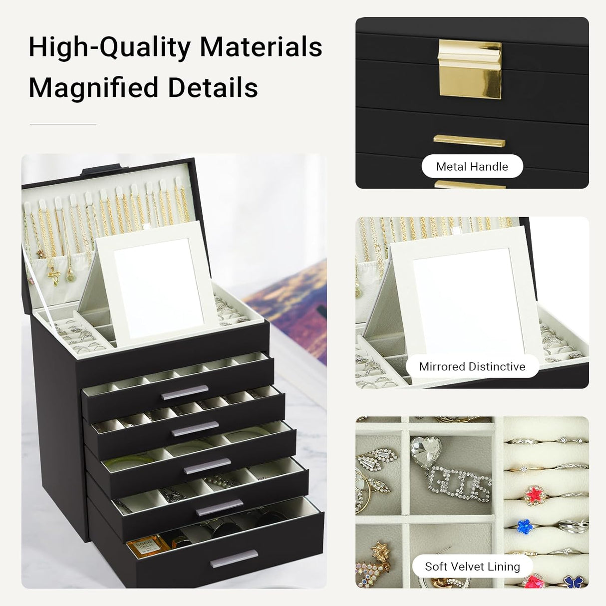 CARLA HOME  6-Layer Large Jewelry Organizer Box for Women with Mirror, Drawers, Hooks & Dividers for Rings, Necklaces, Bracelets, Ideal Gift for Women (Black)-1992735298160824323