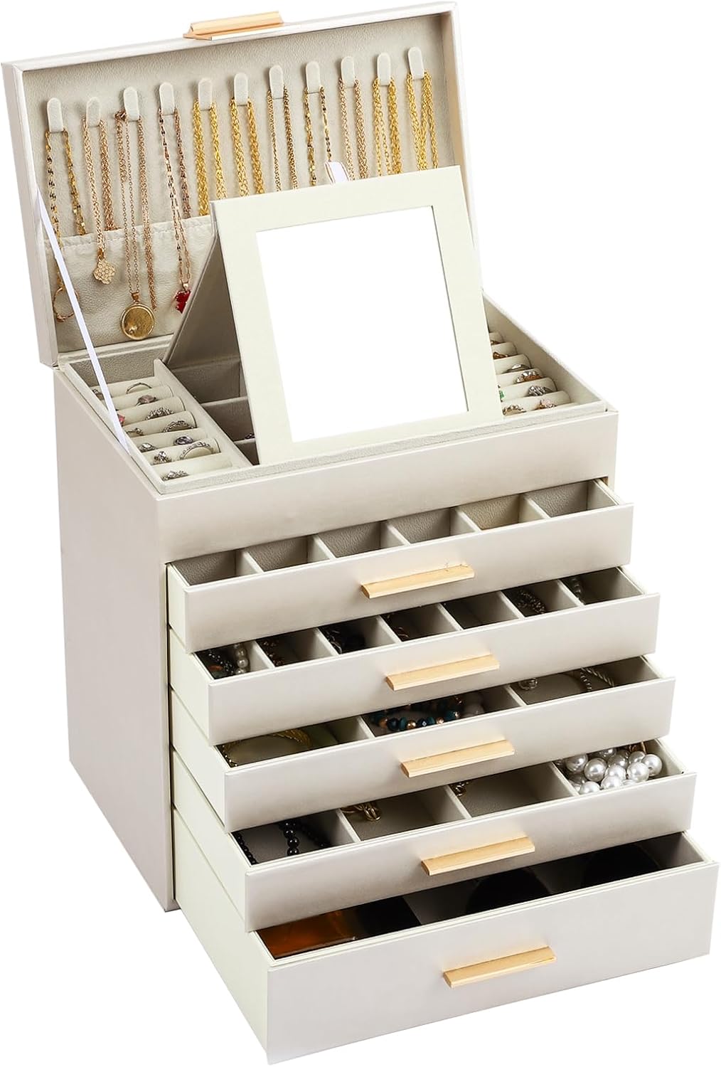 CARLA HOME  6-Layer Large Jewelry Organizer Box for Women with Mirror, Drawers, Hooks & Dividers for Rings, Necklaces, Bracelets, Ideal Gift for Women (White)-1992735299033239552