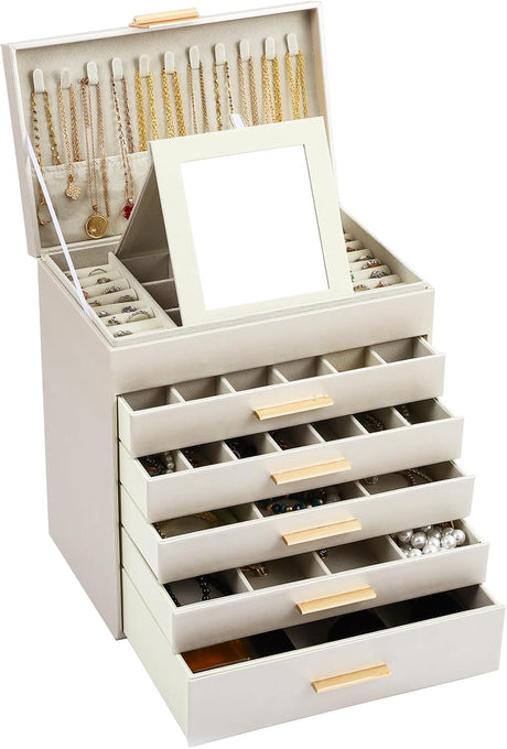 CARLA HOME  6-Layer Large Jewelry Organizer Box for Women with Mirror, Drawers, Hooks & Dividers for Rings, Necklaces, Bracelets, Ideal Gift for Women (White)-1992735299033239552