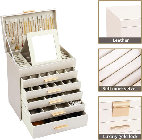 CARLA HOME  6-Layer Large Jewelry Organizer Box for Women with Mirror, Drawers, Hooks & Dividers for Rings, Necklaces, Bracelets, Ideal Gift for Women (White)-1992735299033239555