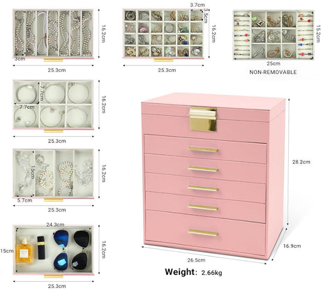 CARLA HOME  6-Layer Large Jewelry Organizer Box for Women with Mirror, Drawers, Hooks & Dividers for Rings, Necklaces, Bracelets, Ideal Gift for Women (Pink)-1992735292494319618