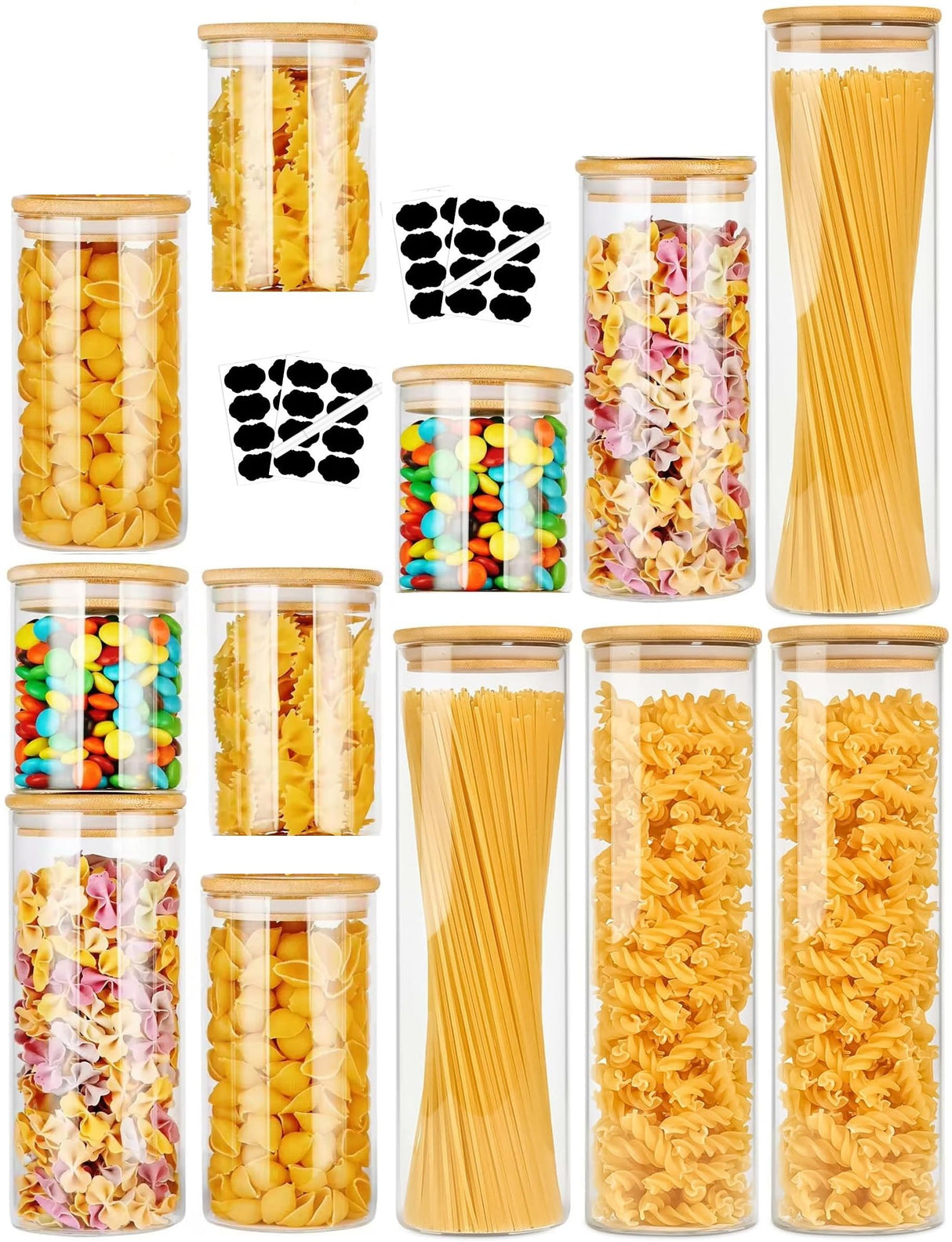 CARLA HOME 12 Pack Glass Storage Jars with Bamboo Lids for Kitchen Pantry, Pasta, Snacks, Cookies, Candy & More-1978962264501391360
