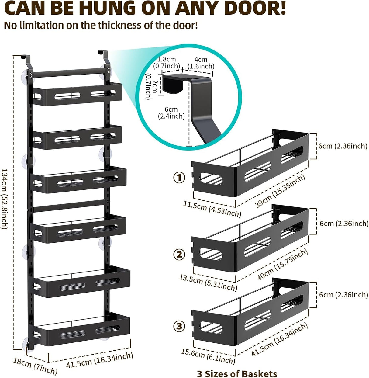 CARLA HOME 6 Tier Over the Door Organizer with Adjustable Metal Pantry Storage Rack and Hanging Baskets for Kitchen and Bathroom-1992735288631365633