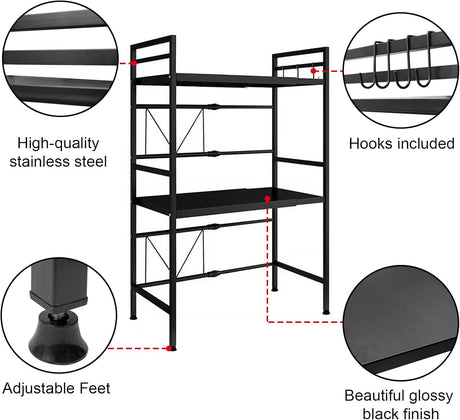 CARLA HOME 3-Tier Microwave Oven Rack with Adjustable Metal Kitchen Shelf Stand for Countertop Storage and 6 Hooks for Utensils-1992735286408384515