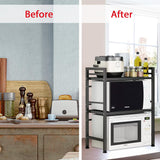 CARLA HOME 3-Tier Microwave Oven Rack with Adjustable Metal Kitchen Shelf Stand for Countertop Storage and 6 Hooks for Utensils - Top-Down View