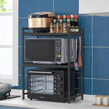 CARLA HOME 3-Tier Microwave Oven Rack with Adjustable Metal Kitchen Shelf Stand for Countertop Storage and 6 Hooks for Utensils - 45-Degree Angle