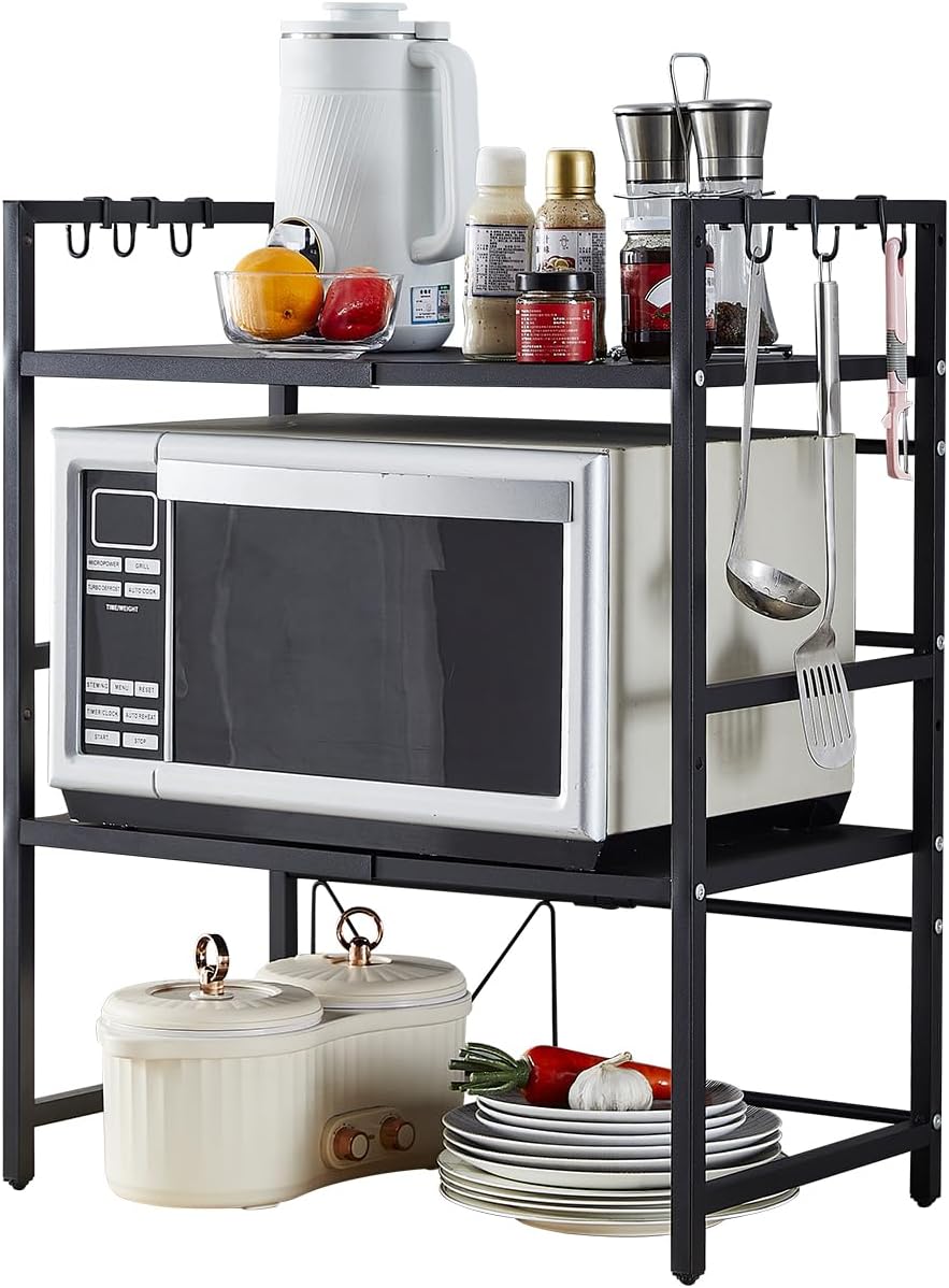 CARLA HOME 3-Tier Microwave Oven Rack with Adjustable Metal Kitchen Shelf Stand for Countertop Storage and 6 Hooks for Utensils-1992735286408384519