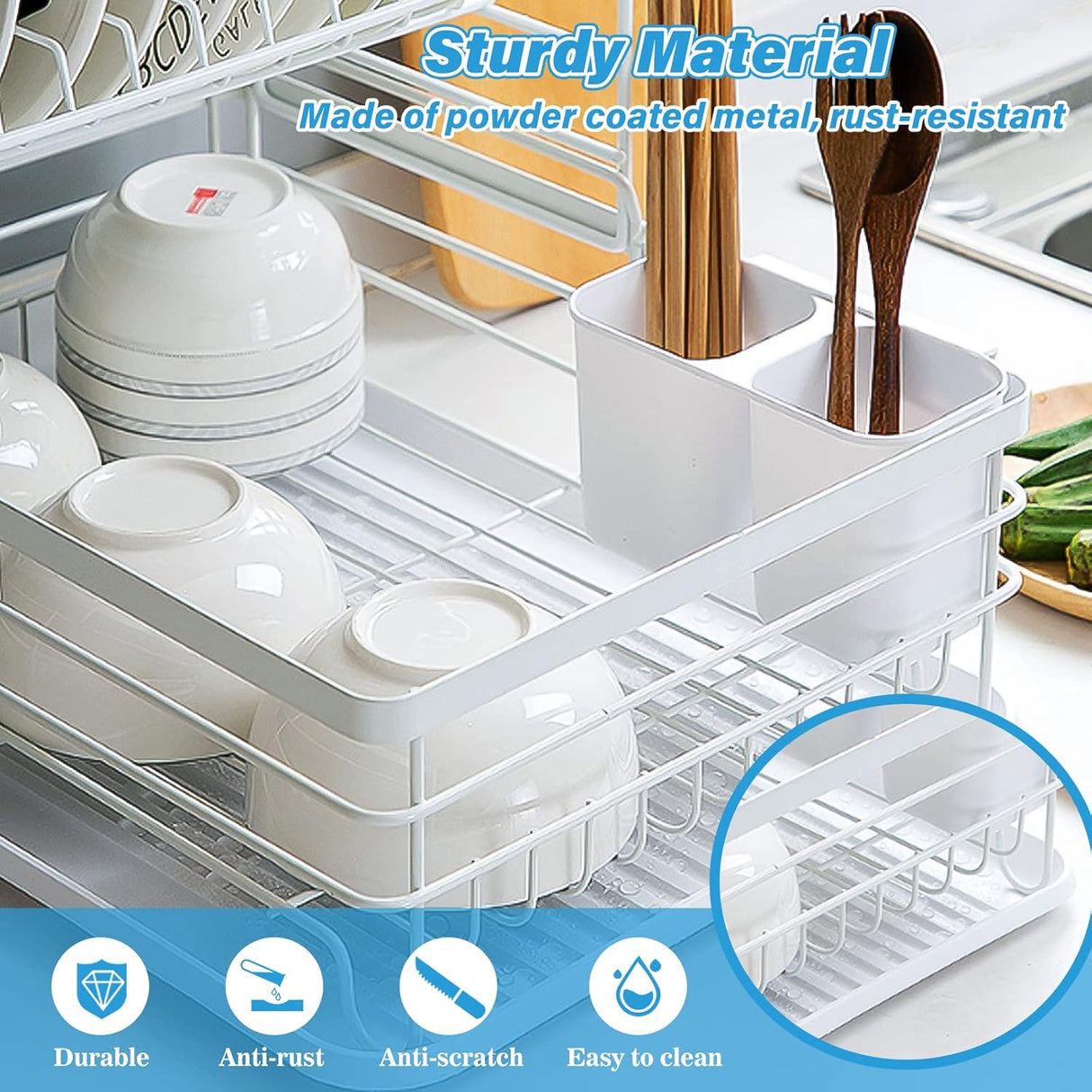 CARLA HOME 2-Tier Dish Drying Rack for Kitchen Counter with Removable Drip Tray, Utensil Holder and Cutlery Organizer-1992735290913067011