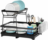 CARLA HOME 2-Tier Dish Drying Rack for Kitchen Counter with Drainboard, Utensil Holder, Cup Rack & Cutlery Organizer - Low Angle