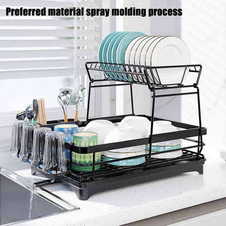 CARLA HOME 2-Tier Dish Drying Rack for Kitchen Counter with Drainboard, Utensil Holder, Cup Rack & Cutlery Organizer-1992735293530312706