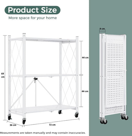 CARLA HOME 3-Tier Foldable Storage Shelf with Wheels for Kitchen, Garage, Pantry or Basement (White)-1978962265868734466