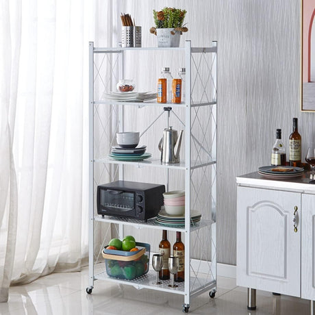 CARLA HOME 5-Tier Foldable Storage Shelf with Wheels for Kitchen, Garage, Pantry or Basement (White)-1978962266204278787