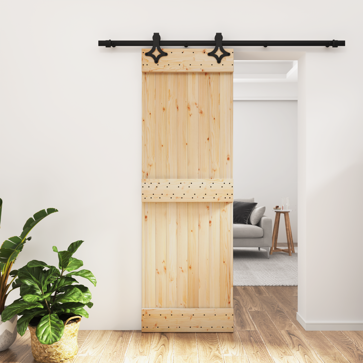 Sliding Door Natural and Black 70 x 210 cm Solid Pine Wood