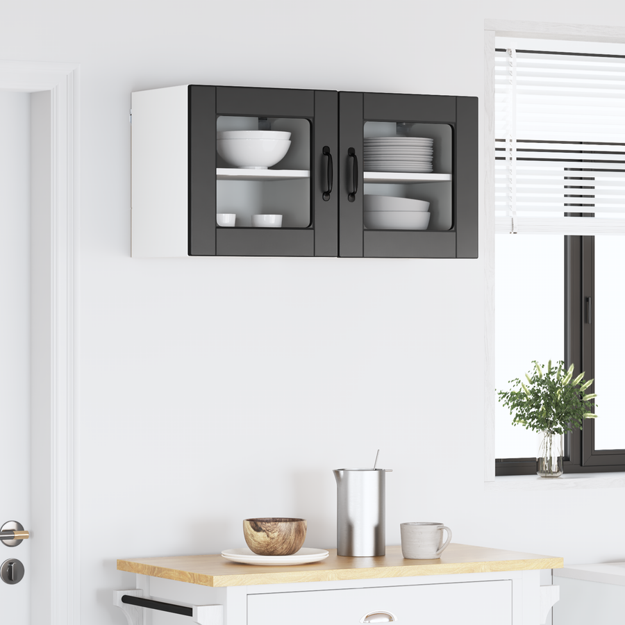Wall Glass Cabinet PORTO 2 pcs Black Engineered Wood