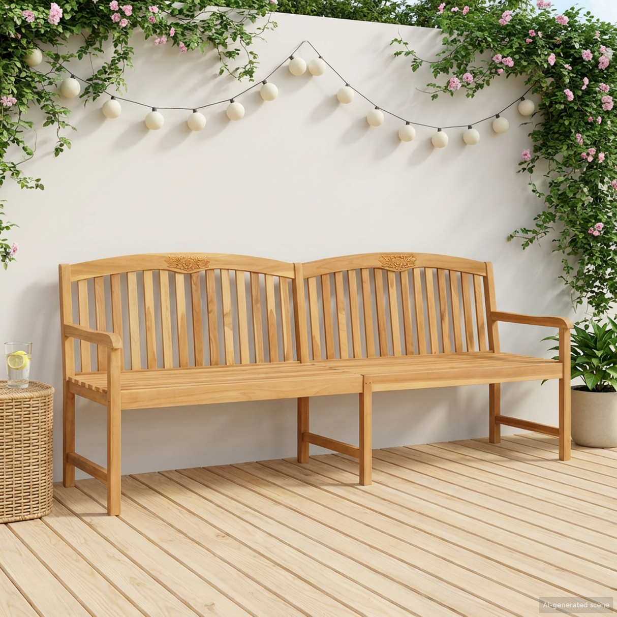 Handcarved Rose Bench 228 x 60 x 90 cm Solid Teak Wood Natural
