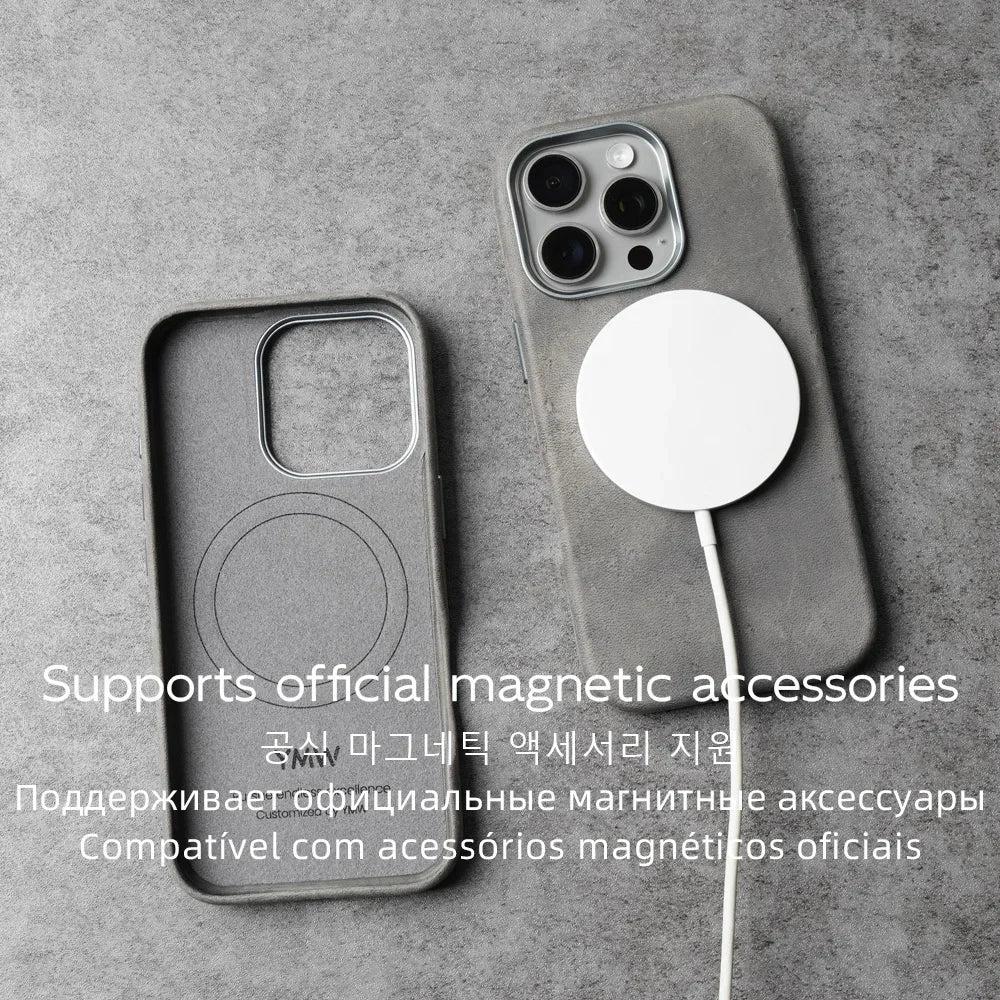 YMW Scars Crazy Horse Genuine Leather Case for iPhone 16 Pro Max 15 14 13 Mini Magnetic PULL-UP Frosty Cowhide Phone Cover