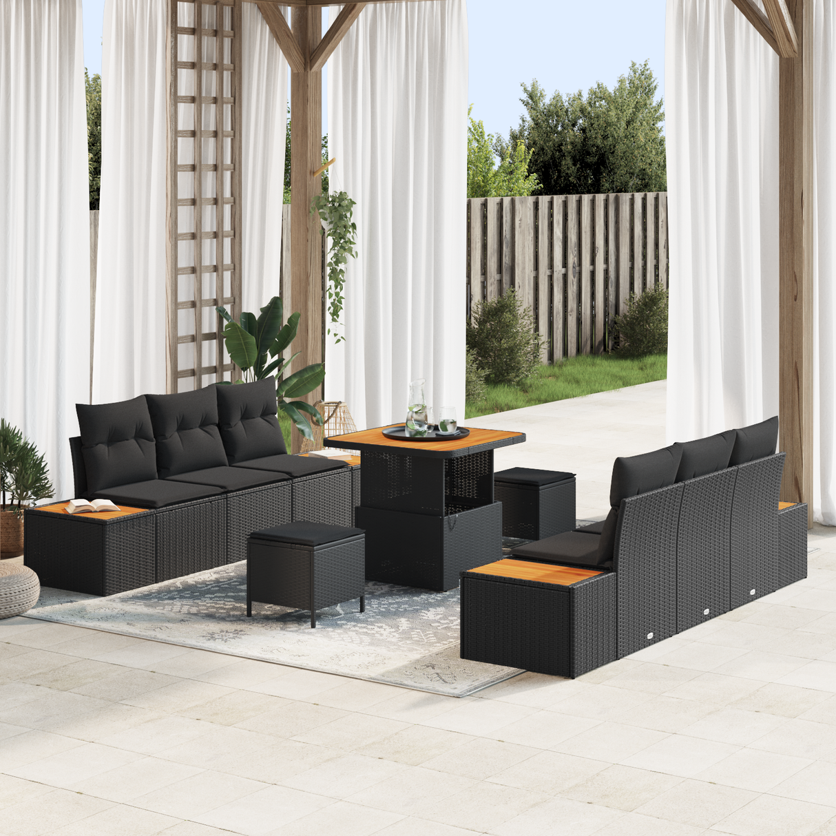 Garden Sofa Set 9 pcs Black Poly Rattan and Powder-coated Steel