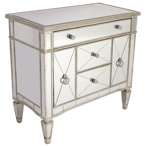 Mirrored Dresser Nightstand Antique Ribbed 5 drawers. showroom sample available