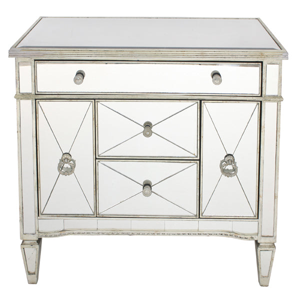 Mirrored Dresser Nightstand Antique Ribbed 5 drawers. showroom sample available