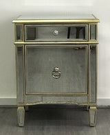 Mirrored Bedside Cabinet Antique 1 Door 1 Drawer. Last one, floor stock left, half price.