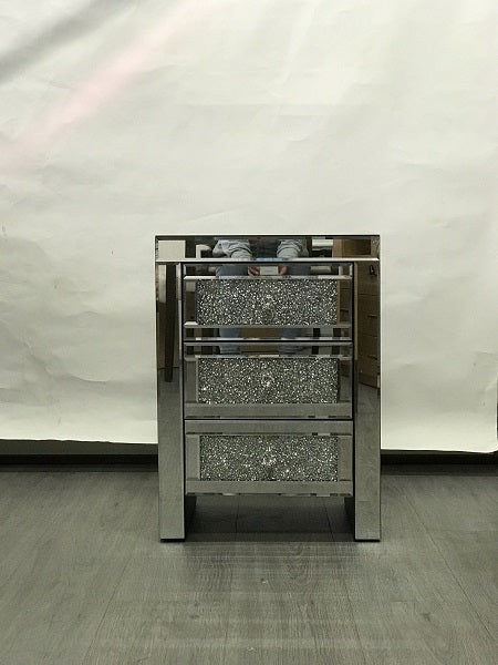 Mirrored Bedside with 3 Sparkling drawers. Last one, floor stock left, half price.